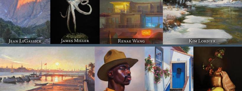 A collage of eight paintings by different artists, featuring landscapes, an octopus, a modern house at night, a winter river scene, a harbor sunset, a man in a hat, a flowered blue staircase, and a still life with fruit.