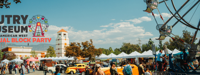 People enjoy a lively outdoor block party with vintage cars, a Ferris wheel, tents, and trees. The Autry Museum logo and event name appear on the left against a blue, partly cloudy sky.