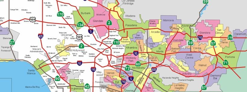 Map of Los Angeles County showing various city boundaries in different colors, major freeways in red with green route markers, and labeled cities including Pasadena, Glendale, Burbank, Pomona, and Santa Monica.