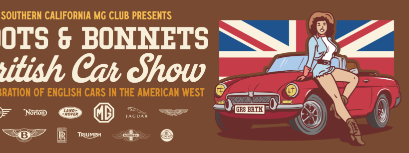 Banner for the "Boots & Bonnets British Car Show" with a woman sitting on a red convertible in front of a British flag, and classic car brand logos along the bottom. Text promotes a celebration of English cars.