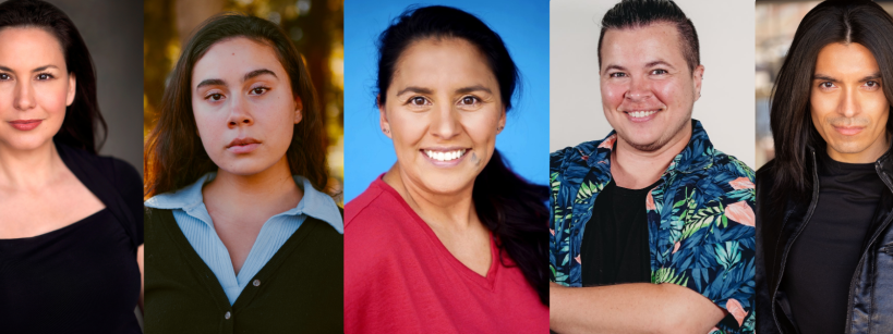 A row of five people of diverse backgrounds, each facing the camera and smiling or with a neutral expression, against varied indoor and outdoor backgrounds.