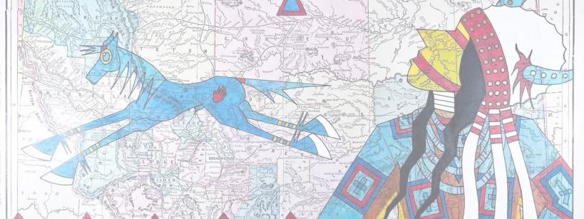 A colorful illustration of a Native American figure in traditional regalia and a blue horse are layered over a vintage map of the western United States, with a large geometric cross symbol at the top center.