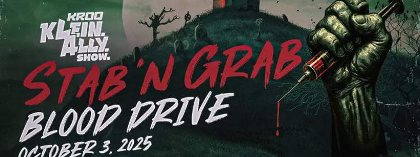 A green hand holds a bloody syringe in front of a haunted house and graveyard at night. Text reads: "KROQ Klein. Ally. Show. Stab 'N Grab Blood Drive. October 3, 2025. Autry Museum of the American West.