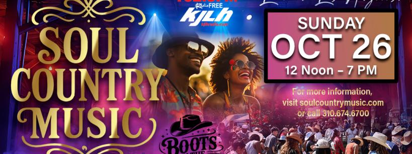 Colorful promotional poster for the Soul Country Music Festival, featuring smiling people in sunglasses and cowboy hats. Event details: Sunday, Oct 26, 12-7 PM, Autry Museum, Griffith Park, Los Angeles.