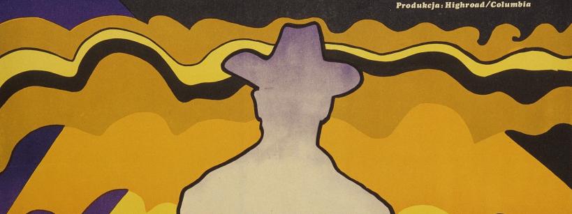 A stylized movie poster shows the silhouette of a cowboy against a vibrant yellow, purple, and orange abstract background with bold text reading "Gregory Peck Złoto Mackenny" at the top.