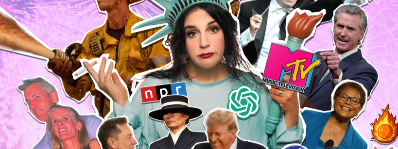 A collage featuring a woman in a Statue of Liberty crown shrugging, surrounded by pop culture and political figures, news logos, and symbols including the NPR, MTV, OpenAI logos, and a burning flame icon against a bright background.