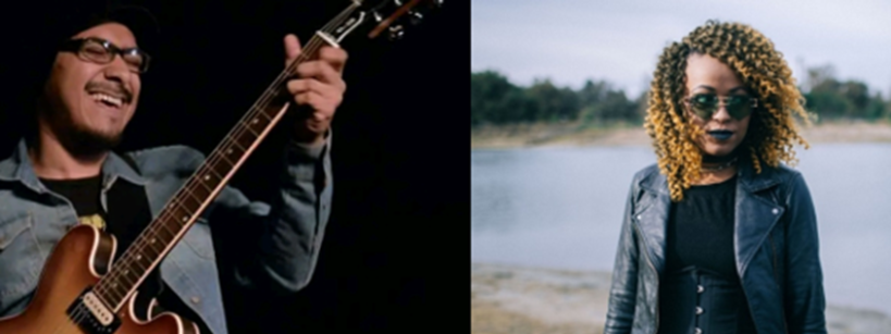 A split image: on the left, a man wearing glasses and a hat plays an electric guitar on stage; on the right, a woman with curly hair in a leather jacket and sunglasses stands outdoors near water.