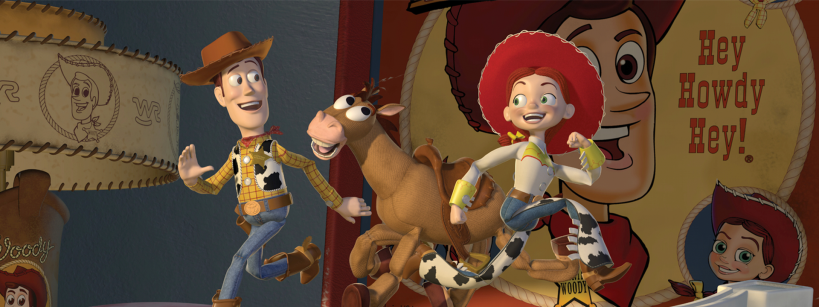 Woody, Jessie, and Bullseye, animated toy characters, joyfully run on a spinning record player. A poster with “Hey Howdy Hey!” and cartoon faces appears in the background, along with cowboy-themed decor.