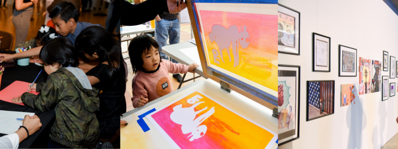 Three images: children drawing at a table, a child doing a colorful art project, and a woman viewing framed artworks displayed on a gallery wall.