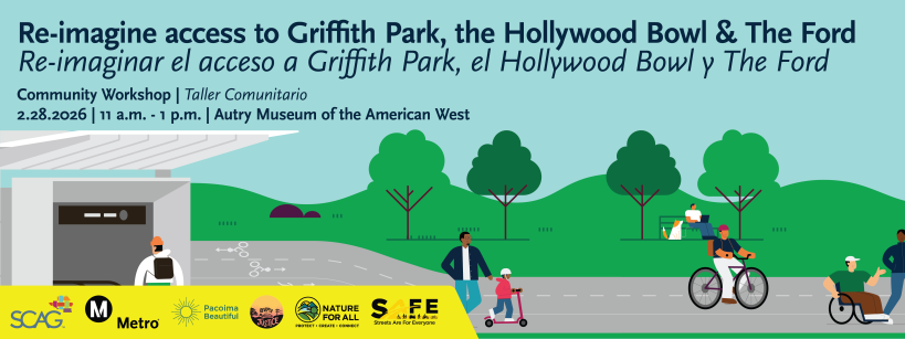 Illustration of a diverse group of people walking, biking, and using wheelchairs in a park with trees, hills, and the Hollywood Bowl in the background. Event details for a Griffith Park community workshop are displayed above.