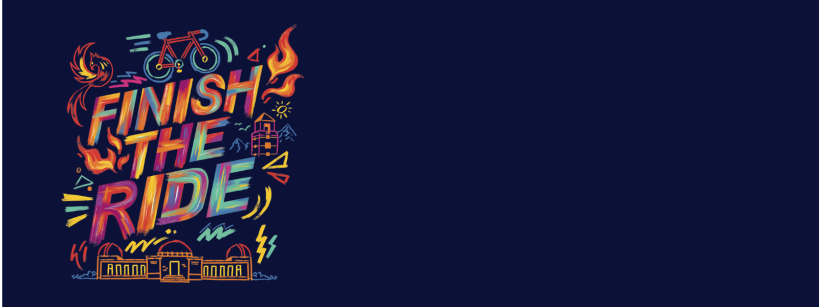 Colorful illustration on a dark background with the words "Finish the Ride" surrounded by vibrant images of a bicycle, lightning, flames, cityscape, and a building, symbolizing energy and determination.