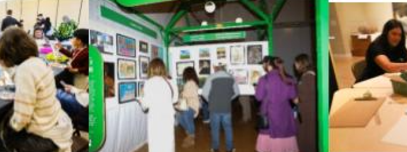 A collage of three scenes: people painting at tables, visitors viewing art on walls, and children doing art activities with adults in a gallery space.