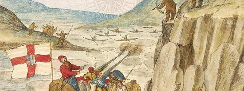 Book cover of "Contested Continent" by Peter C. Mancall, featuring an illustration of European explorers in boats encountering Native Americans on a rocky shore, with historic and map-like background elements.