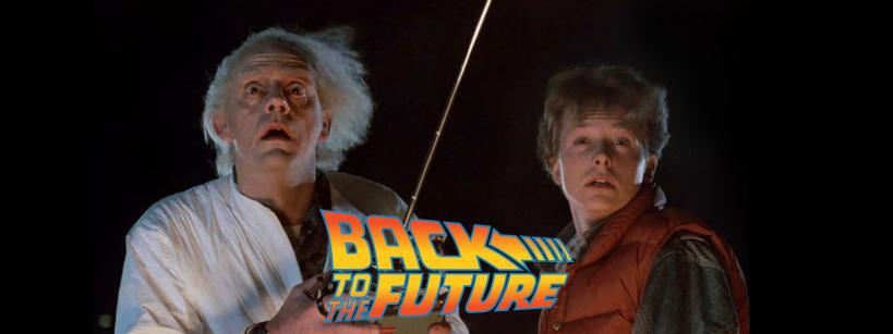 Two shocked men stand together at night, one holding a metal rod. The "Back to the Future" logo appears at the bottom of the image.