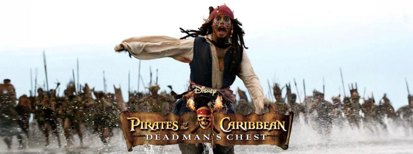 A pirate in a red bandana and colorful face paint runs frantically on a beach, pursued by a large group of armed islanders. “Pirates of the Caribbean: Dead Man’s Chest” logo is displayed at the bottom.