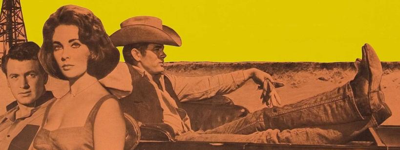 Three people sit in a convertible car against a yellow background; one man reclines with his legs up, a woman looks forward, and another man sits beside her. An oil derrick is visible in the background.