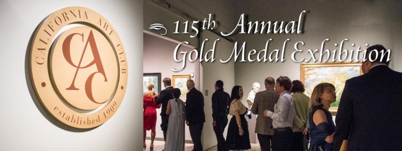 People view artwork in a gallery at the 115th Annual Gold Medal Exhibition; a large California Art Club sign is displayed on the left wall.