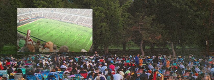 A large crowd sits outdoors on lawn chairs facing a park, while an inset shows a stadium full of spectators watching a soccer match on a green field.