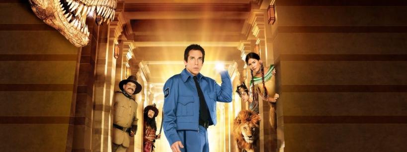 A security guard in a blue uniform stands in a museum hallway, looking surprised. Historical characters, a lion, and a T. rex head surround him, with golden light shining from behind.