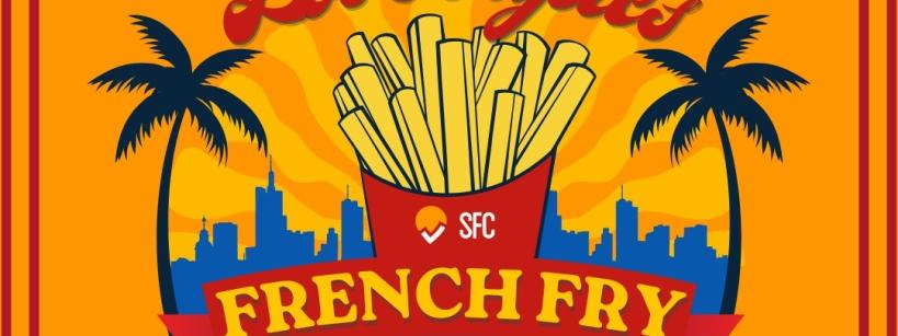 Illustration for the Los Angeles French Fry Festival featuring a box of fries, palm trees, a city skyline, and a sunset on an orange background with red borders.