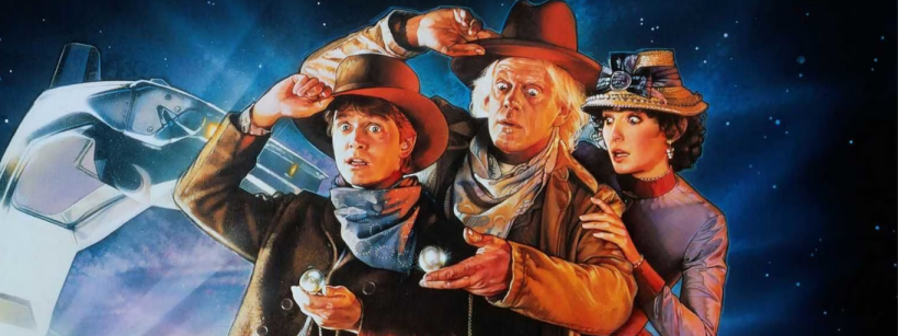 Three people in old-fashioned western clothing stand in front of a futuristic car with gull-wing doors, looking surprised and shielding their eyes, with a starry sky in the background.