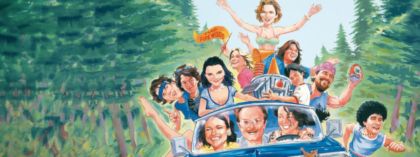 A group of cheerful people drive a blue convertible through a forest, with some standing and waving. The scene is cartoonish and lively, evoking summer camp adventures.
