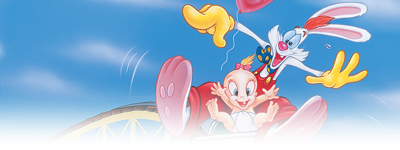 A cartoon rabbit and a laughing baby joyfully ride in a baby carriage, with the rabbit holding a red balloon against a blue sky background.