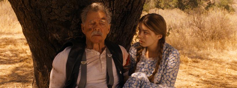 An older man and a young woman sit under a tree in a sunlit field. The man looks ahead seriously, while the woman, in a blue floral dress, gazes at him with concern.