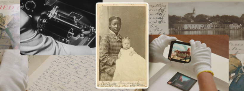 A collage of historical archives: old photos, handwritten letters, a vintage sewing machine, gloved hands handling artifacts, and an African American woman holding a baby in a sepia portrait.
