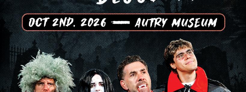 Five people in vampire and gothic costumes pose dramatically for a “WE SUCK BLOOD DRIVE” event, happening October 2, 2026, at Autry Museum. The poster features bold red and white text and logos for Kroq and the Klein Ally Show.