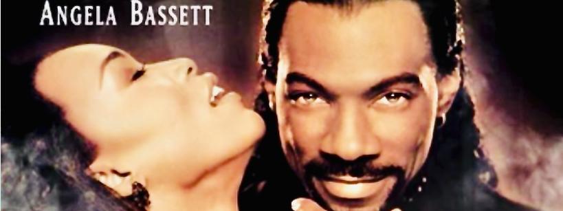 Movie poster for “Vampire in Brooklyn” showing Eddie Murphy and Angela Bassett, with a city skyline, full moon, and the tagline “A comic tale of horror and seduction.”.